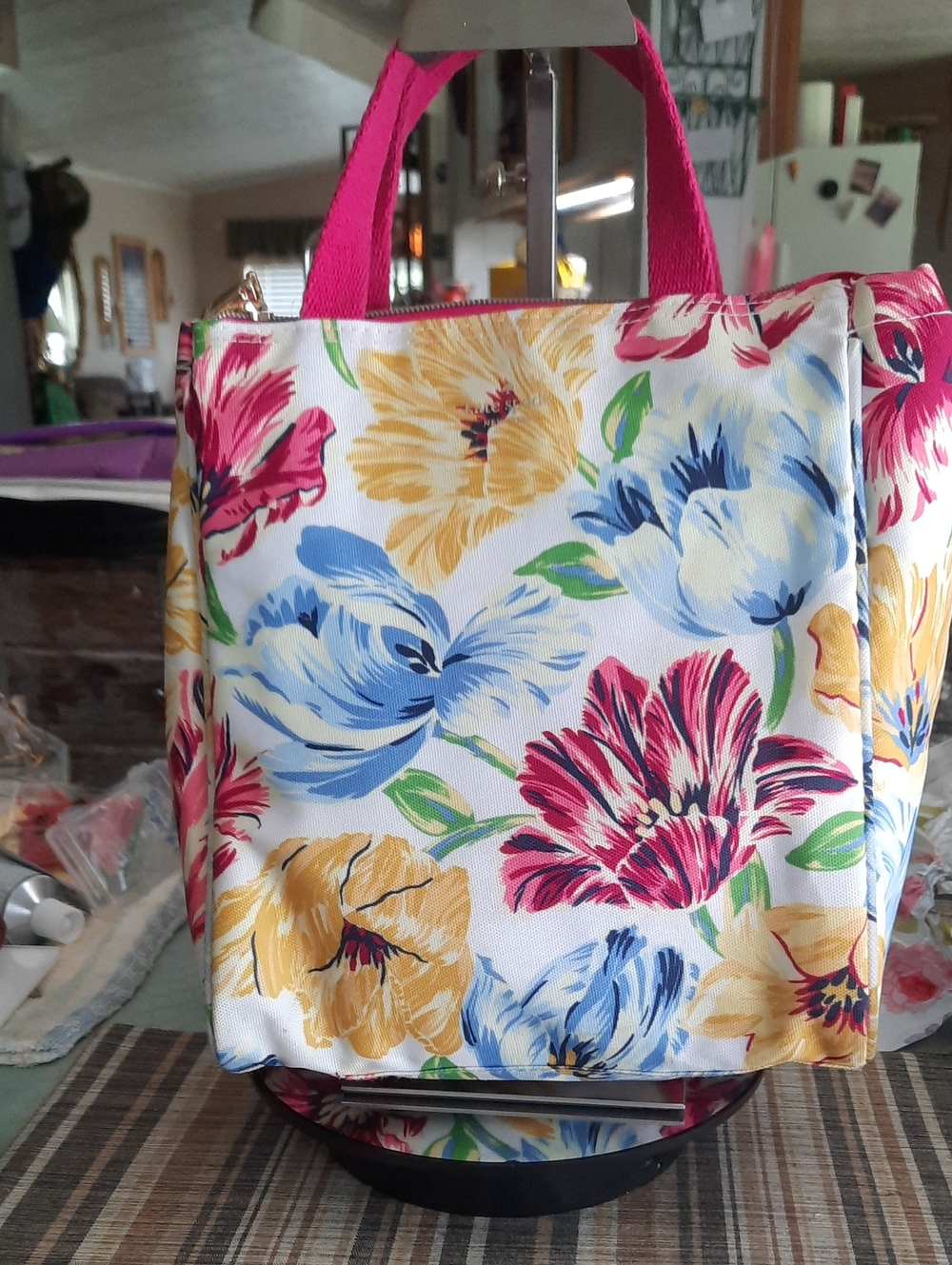 kate spade Floral Canvas Tote with Pink Handles and Multicolor Blooms Lunch Tote